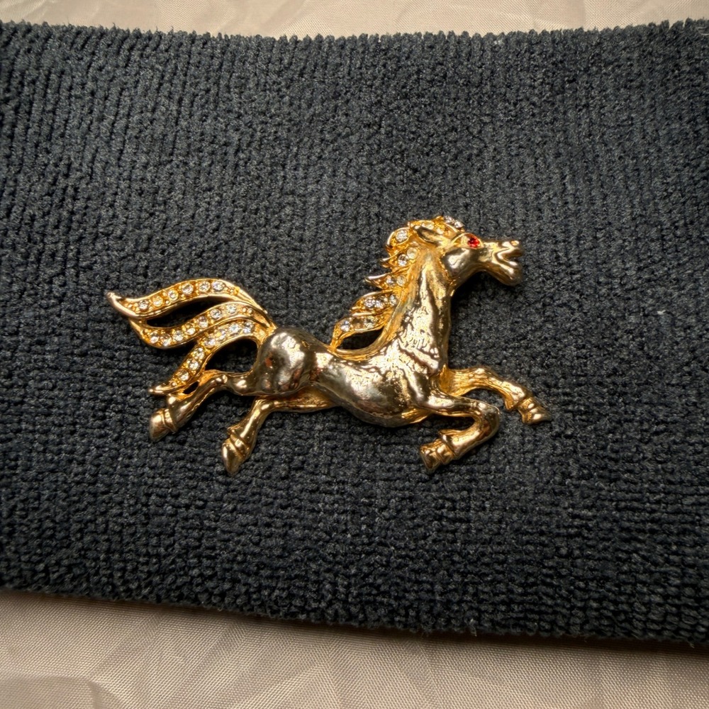 Rearing Horse Brooch Gold Tone Rhinestone Equestrian Western Red Eye Mustang